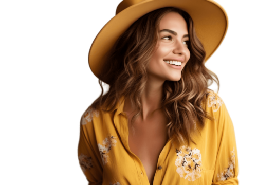 Photo of a woman wearing a yellow dress and a yellow hat