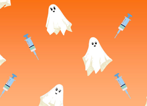 Ghosts on an orange background with boo-tox syringes