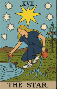 The Star tarot card illustration with a woman on the ground pouring water